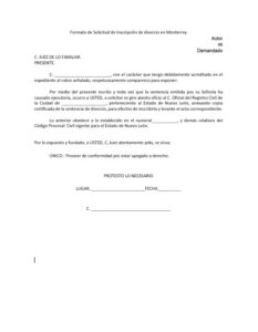 Formato de Solicitud de Inscripción de divorcio en Monterrey