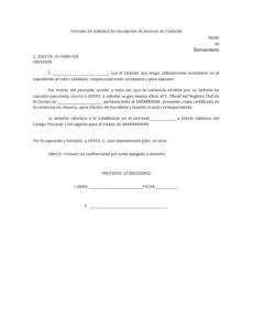 Formato de Solicitud de Inscripción de divorcio en Coahuila