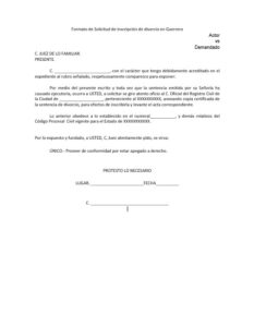 Formato de Solicitud de Inscripción de divorcio en Guerrero